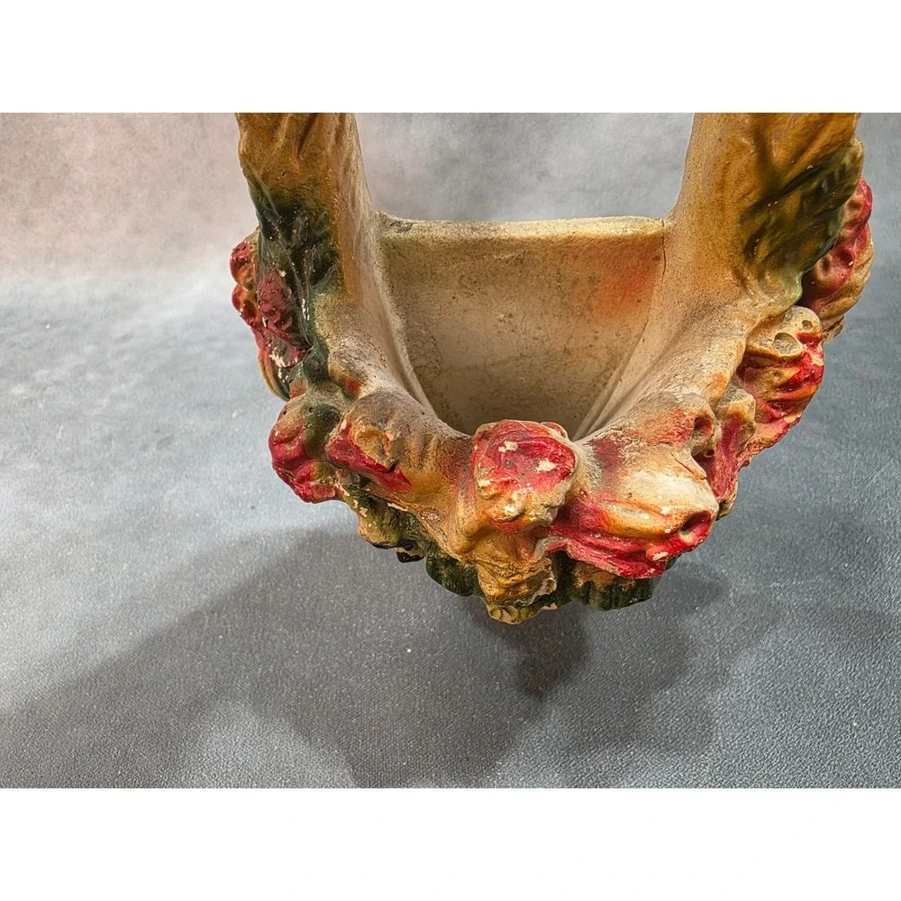 Vintage Chalkware Wall Pocket Planter Basket Floral Gold Bow Mid Century Decor